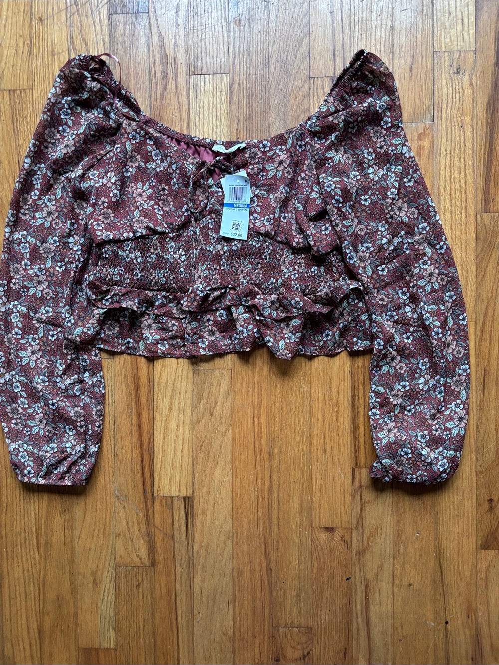 Ultra Flirt Burgundy Floral Crop Top with Ruffle Hem